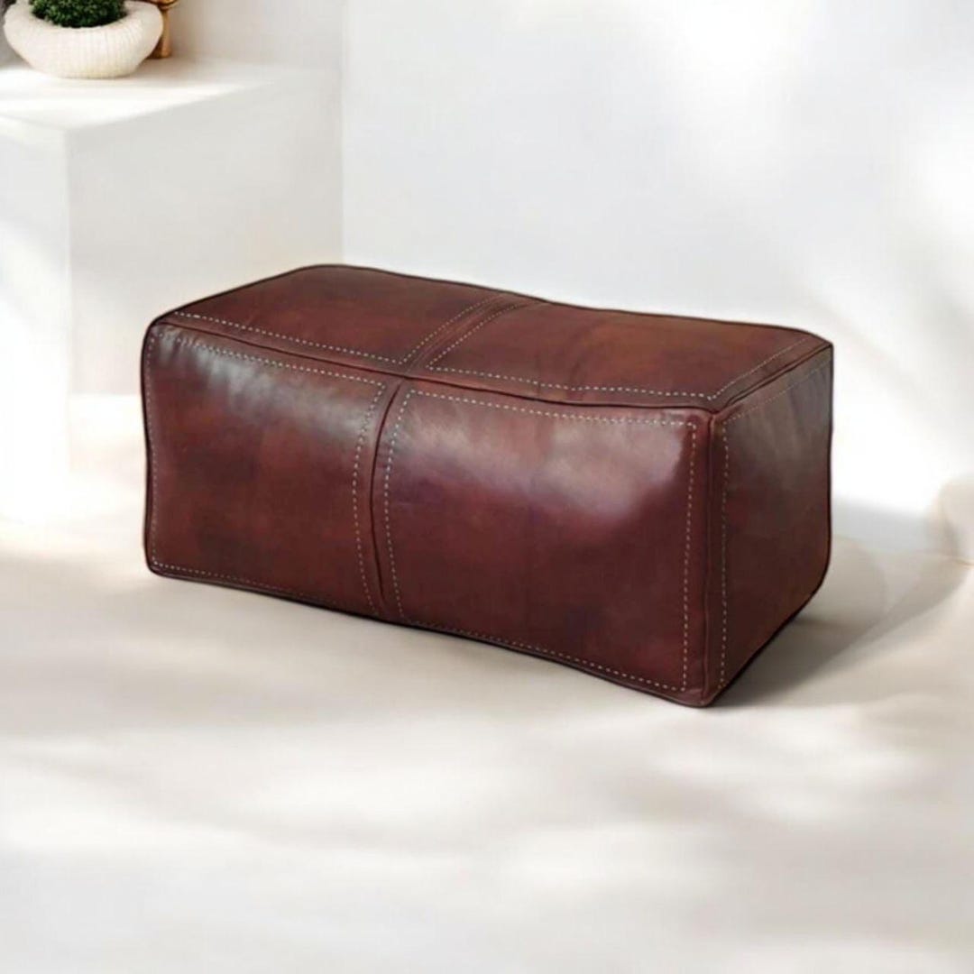 Rectangular Pouf Large Rectangular Brown Leather Pouf: Bohemian Ottoman Footstool ...