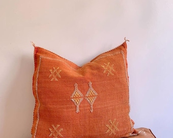 Orange Cactus Silk Pillow Cover: Handwoven Moroccan Berber Cushion (20x20)