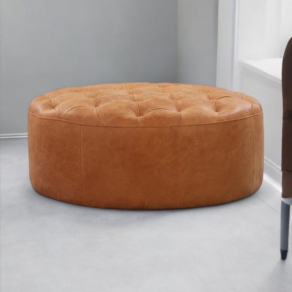 Handmade Leather Ottoman Pouf: Round Tufted Bohemian Decor (Unstuffed)