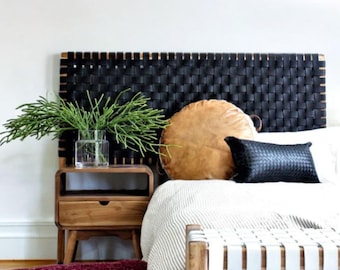 Handcrafted Black Leather Woven Headboard: King Size Hanging Design