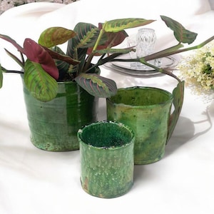 May include: Three green ceramic pots, one with a leafy plant with red and green leaves. The pots have a textured, glazed finish.