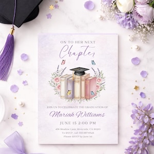 Invitación de graduación, tema del libro "Siguiente capítulo", celebración para chicas (descarga digital)