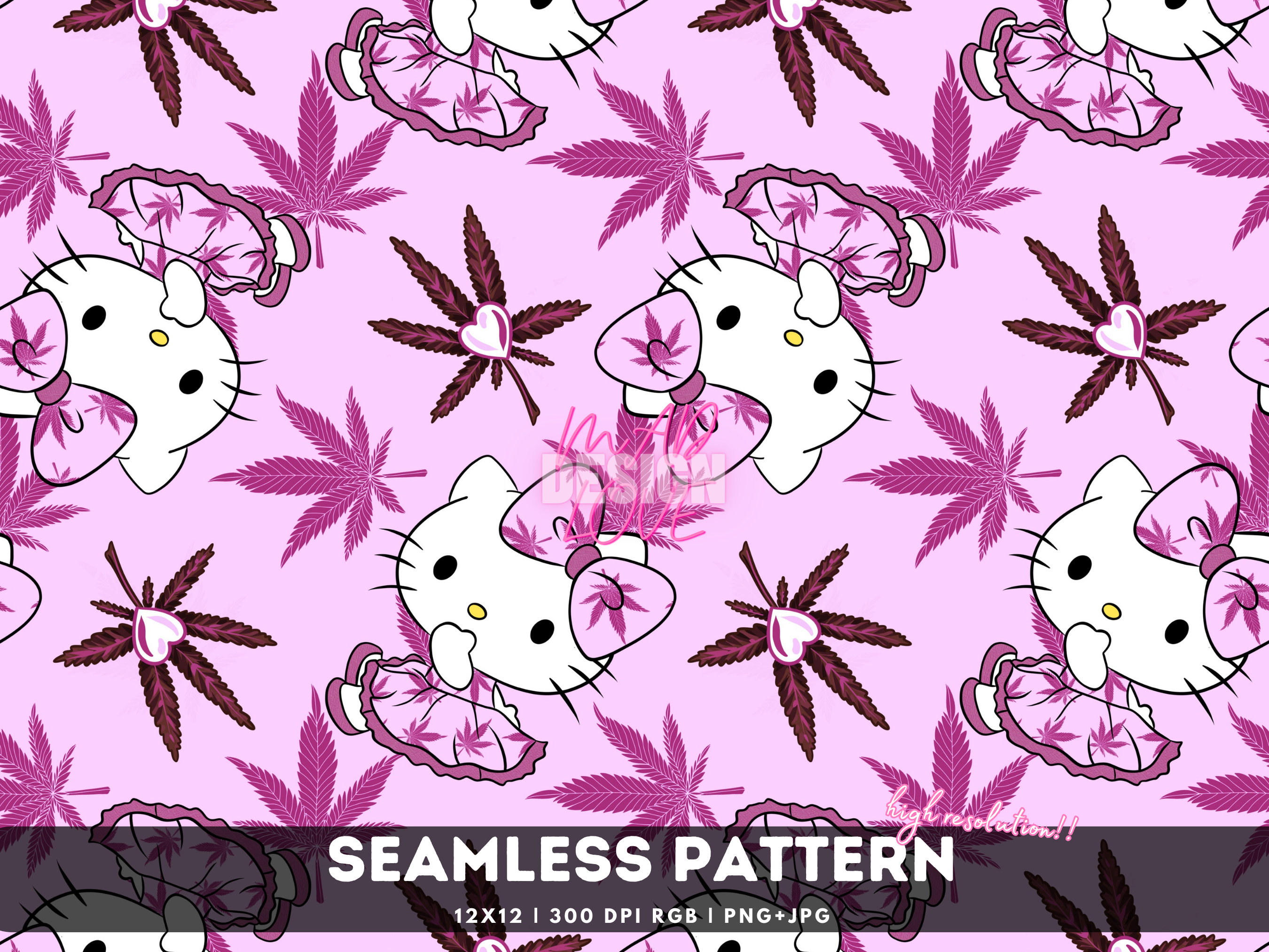 Funky Kitty Hand Drawn Weed Kitty Pink Cannabis PNG JPG Cartoon Kawaii Cute Cat 420 ...