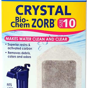 May include: A package of API Crystal Bio-Chem Zorb Size 10 filtration media cartridges for freshwater, saltwater, and reef aquariums. The package shows two gray cartridges and a blue filter. The package also includes a guide for regular care and water problem solving.
