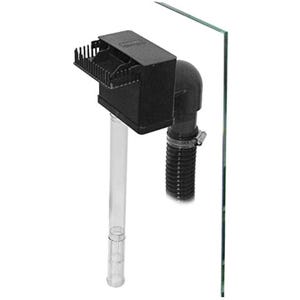 May include: A black aquarium filter with a clear intake tube and a ribbed outflow pipe. The filter has a rectangular top section with a slotted intake and a curved elbow connecting to the outflow pipe. A glass panel is visible on the right.