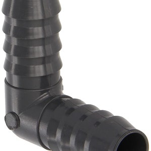 Könnte beinhalten: Schwarzer Kunststoff-90-Grad-Eckverbinder zum Verbinden von zwei Schlauchstücken.