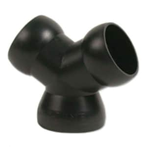 May include: A black plastic Y-shaped fitting with three openings. The fitting has a smooth, rounded design and is likely used for plumbing or industrial applications. The object is set against a white background.