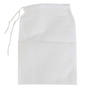 May include: A white drawstring bag made of cotton fabric. The bag has a simple design and is perfect for storing small items.