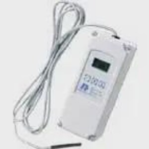 May include: A white digital thermometer with a small LCD screen and a long, gray wire. The device has a rectangular shape with rounded corners and a probe at the end of the wire. The thermometer is designed for measuring temperature.