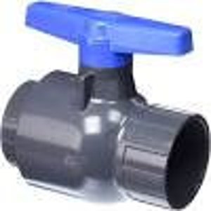 May include: A grey PVC ball valve with a blue handle. The valve has a threaded end for connecting to pipes.