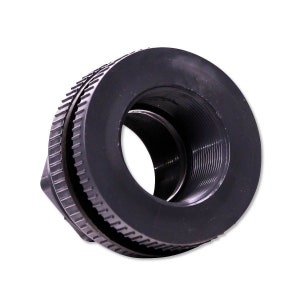 May include: A black plastic pipe fitting with a threaded end and a smooth, round outer surface.