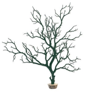 Op de afbeelding: Een donkergroene kunstmatige tak met een natuurlijke schorstextuur. De tak staat in een kleine, bruine pot met een beige basis.