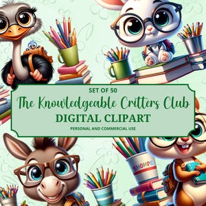 Animal Classroom Clipart, Cute School Animals PNG, Teacher & Student Clip Art, Digital Download, Back to School, Nursery Decor