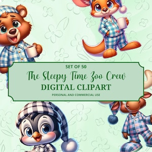 Cute Pajama Animal Clipart, Bedtime Animals PNG, Sleepover Clip Art, Digital Download, Kids Room Decor, Nursery Printables