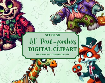 Images clipart d'animaux zombies, 50 illustrations PNG haute résolution pour vos créations d'Halloween