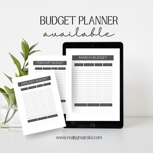 May include: A black tablet displays a March budget template, with January and February budget sheets in front. The text "Budget Planner available" is at the top. The website address www.reallygreatsite.com is at the bottom.