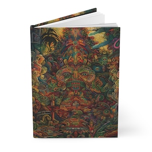 May include: A colorful, abstract journal cover with a central, stylized face surrounded by intricate patterns and designs. The cover features a mix of green, blue, red, yellow, and orange hues.