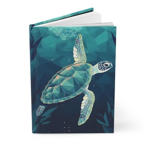 May include: A geometric design of a sea turtle swimming in a dark blue ocean with teal and green accents. The turtle is made up of triangles and has a white outline.
