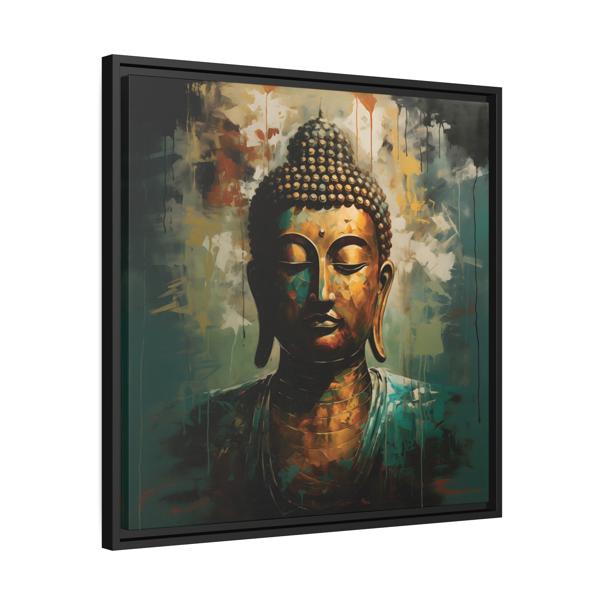 Framed Teal and Gold Abstract Buddha Spiritual Black Framed Canvas Art ...