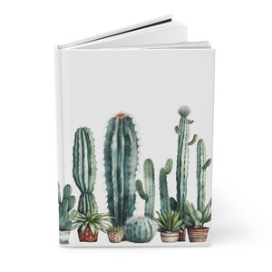 Puede incluir: Un diario blanco con una ilustración de acuarela de una fila de cactus en macetas de varios tamaños y colores. Los cactus están dispuestos en una línea en la parte inferior del diario.