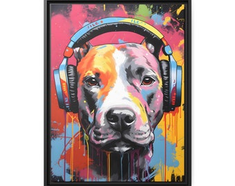 Pit Bull wearing Headphones street Art  canvas print with frame  Gift for Pitbull Enthusiasts  Music Lovers