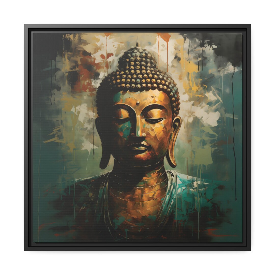 Framed Teal and Gold Abstract Buddha Spiritual Black Framed Canvas Art ...