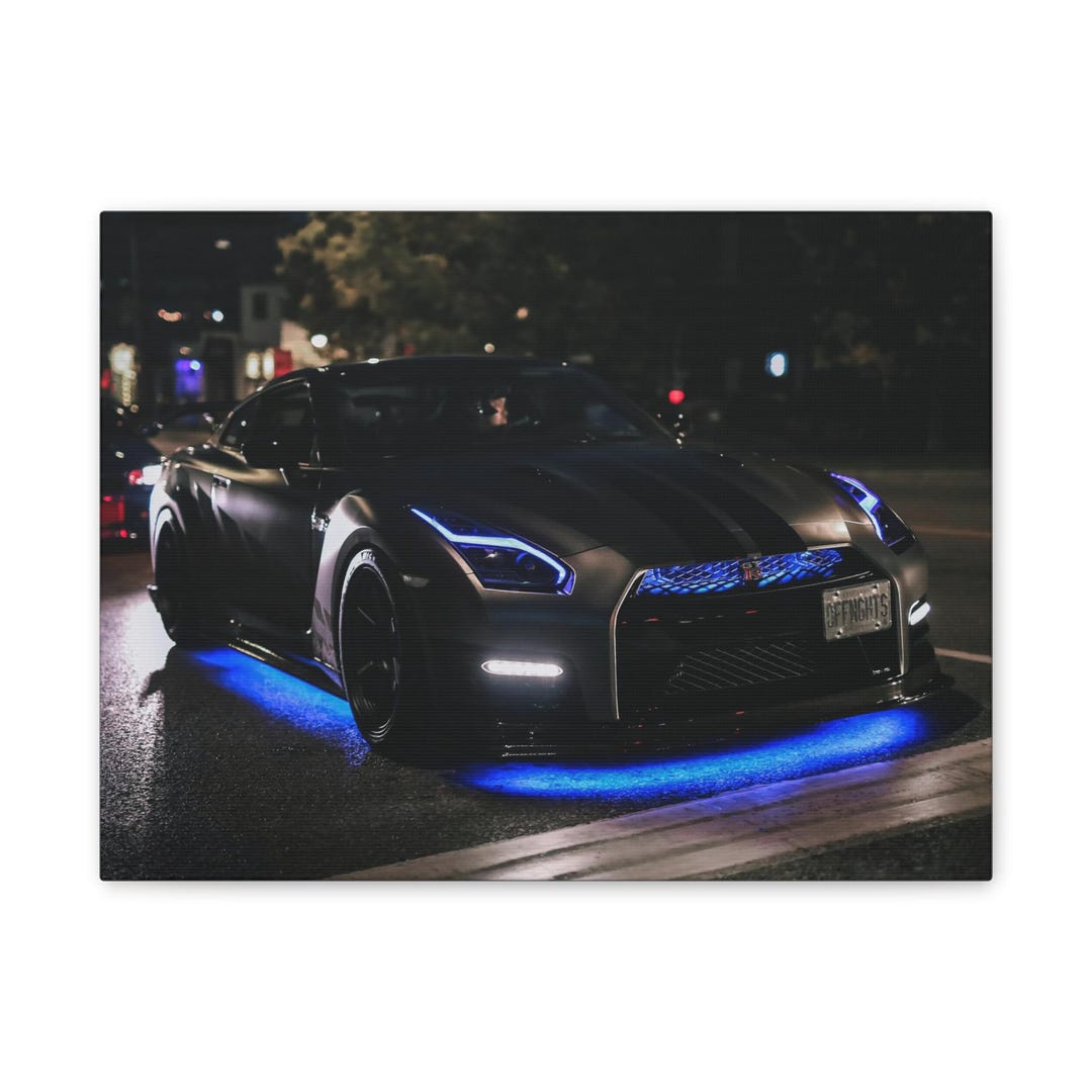 Canvas Wall Art, JDM Nissan GT-R R35 With Blue Neon Glow - Night Drive ...