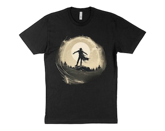 Silhueta da Solidão: Camiseta masculina Moonlit Cliff, Camiseta Mountain, Camiseta solta, Camiseta macia Tri-Blend