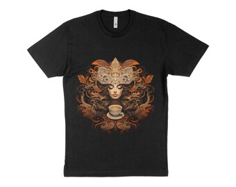 Camiseta mítica da deusa do café: camiseta da moda barroca dramática e intrincada para mulheres