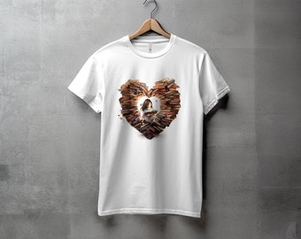 Menina lendo um livro dentro de um coração feito de livros, camisa de leitura, camisa de amante de livros, camisa estudiosa, camiseta fofa para leitor ávido
