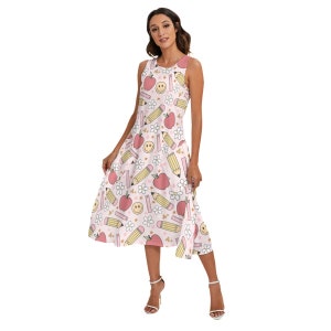 Pink Apples Pencils Educator Teacher Mid-Length Sleeveless Pockets Dress Outfit | Unique Teacher Gift | Back to School Outfit