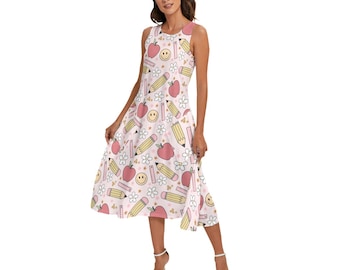 Pink Apples Pencils Educator Teacher Mid-Length Sleeveless Pockets Dress Outfit | Unique Teacher Gift | Back to School Outfit