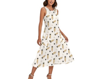 Flowers and Pencils Educator Teacher Mid-Length Sleeveless Dress Pockets Outfit | Unique Teacher Gift | Back to School Outfit