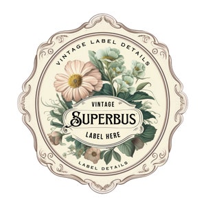 May include: Vintage floral label design with a cream background and a scalloped edge. The label features a bouquet of flowers in shades of pink, green, and cream, with the word "SUPERBUS" in the center. The text "VINTAGE LABEL DETAILS" and "LABEL HERE" are also included.