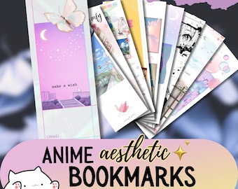 May include: A set of 10 digital printable bookmarks featuring an anime aesthetic. The bookmarks feature various designs including a butterfly, a crescent moon, a cityscape, a paper crane, a sunset, a starry sky, and a black and white illustration. The text "make a wish" is featured on one of the bookmarks.