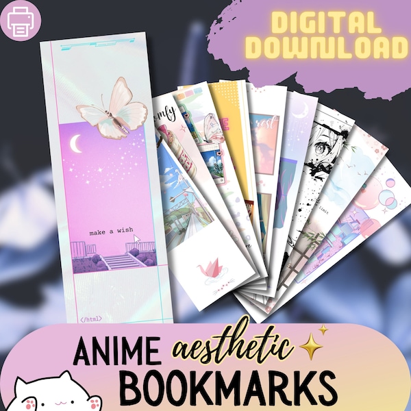 Anime Aesthetic Printable Bookmarks for manga readers and book lovers, bundle set of 10 designs, 2x6", calming lofi theme, mixed styles