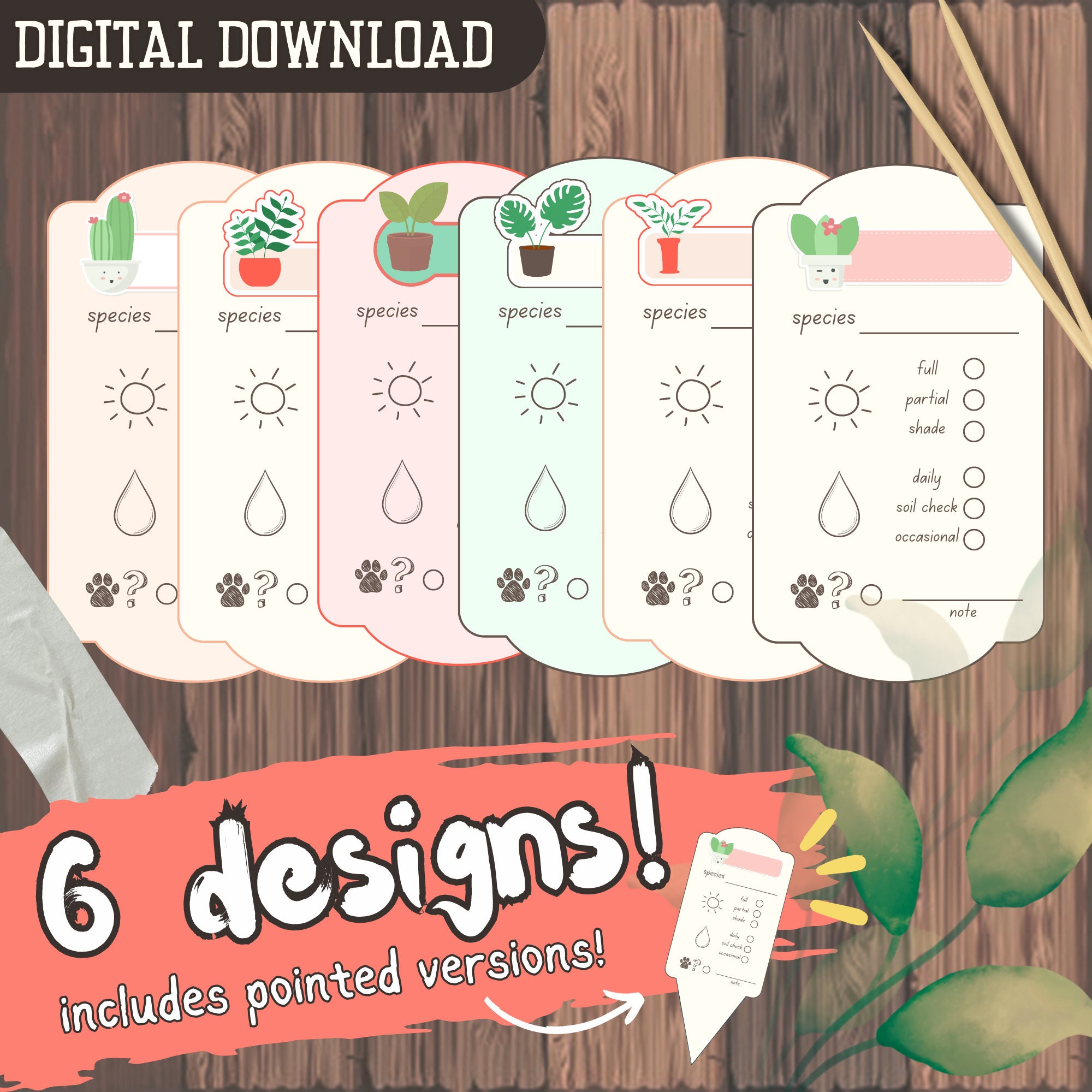 Printable Plant Care Tags for Plant Lovers, 6 Cute Designs, Fillable Plant Instruction Labels ...
