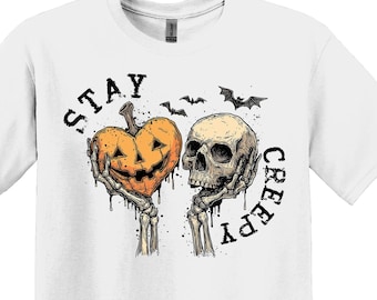 Blijf griezelig Halloween-T-shirt, skeletpompoenafbeelding