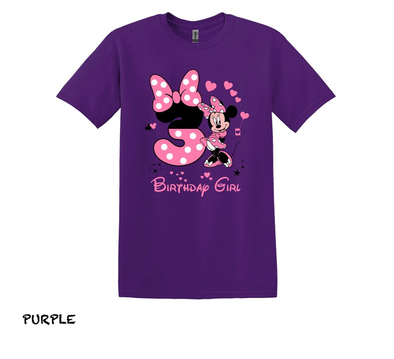 May include: Purple t-shirt with a pink Minnie Mouse graphic and the number 3. The text "Birthday Girl" is printed below the graphic.