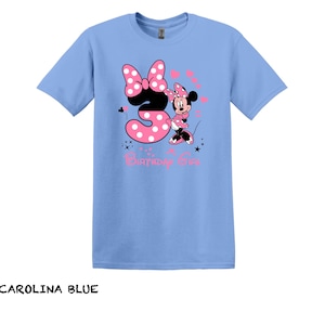 May include: Light blue t-shirt with a pink number 3 and a pink and black Minnie Mouse graphic. The text "Birthday Girl" is printed below the graphic.