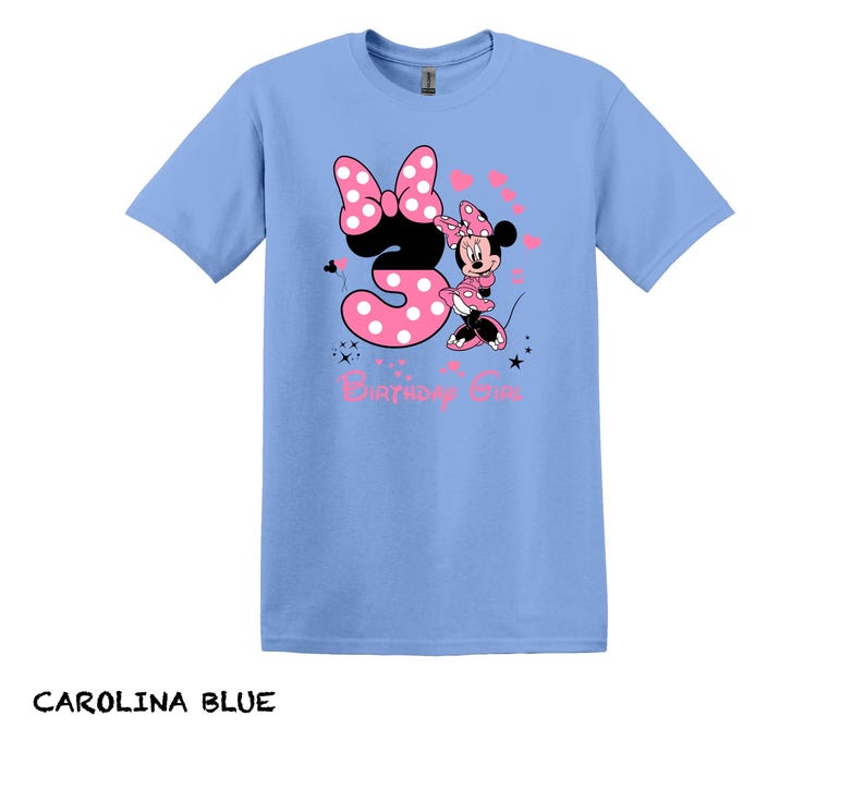 May include: Light blue t-shirt with a pink number 3 and a pink and black Minnie Mouse graphic. The text "Birthday Girl" is printed below the graphic.