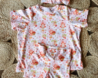 Strawberry Shortcake inspired  infant and toddler outfit, Strawberry Shortcake inspired bows and headwraps