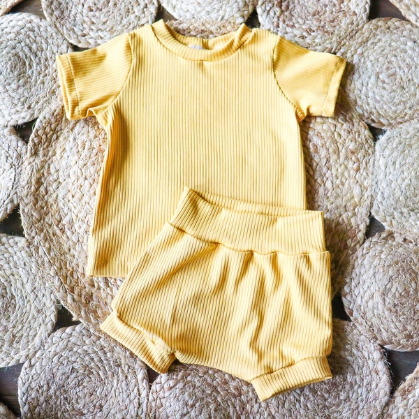 Yellow baby shorts and t-shirt, solid yellow baby outfit, yellow baby bow