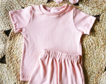 Dusty rose pink baby and toddler shorts and t shirt, rose pink hair bows, baby and toddler solid clothing sets