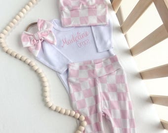 Personalized Baby Girl Outfit: Pink Checkerboard Set - Embroidered Bodysuit