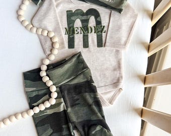 Military-Inspired Personalized Camo Newborn Set: Embroidered Gender-Neutral Baby Outfit | Shower Gift