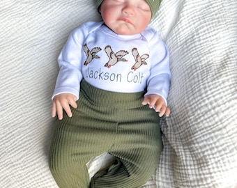 Personalized Mallard Duck Baby Outfit - Embroidered Newborn Set - Custom Name Shower Gift
