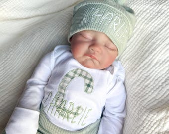Personalized Sage Green Unisex Newborn Outfit - Embroidered Coming Home Set for Baby