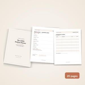 May include: A set of three planner pages with a cream background and black text. The cover reads The ADHD Student Planner. The second page is a study session pomodoro plan, and the third page is an assignment tracker. A small brown tag says 20 pages.