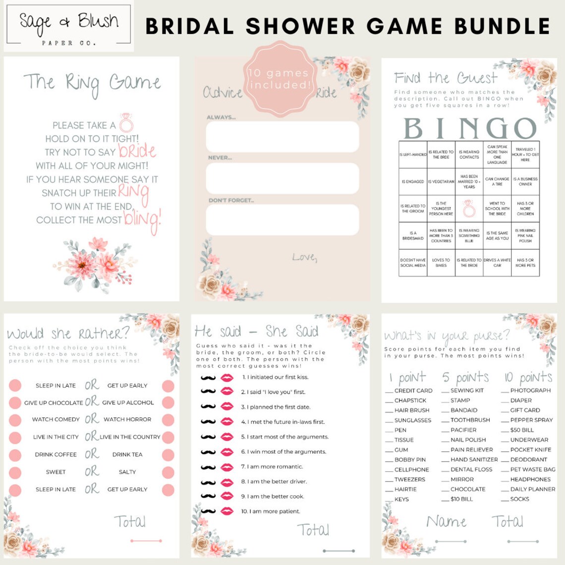 10 Bridal Shower Games Bundle, Printable Games, Signage Pack, Wedding